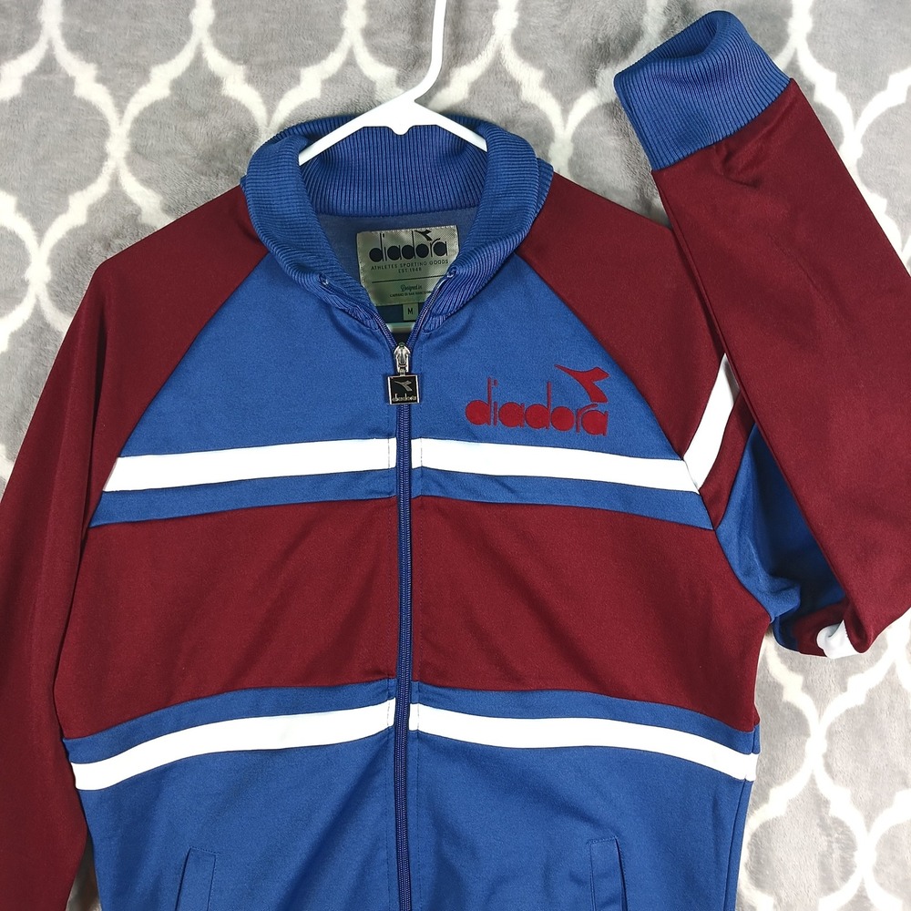 Diadora Track Jacket Mens Medium Blue Burgundy Colorblock Activewear Zip Up